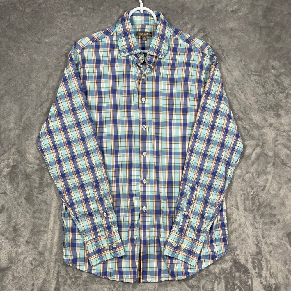 Peter Millar Summer Comfort Mens Plaid Long-Sleeve Button-Up Shirt L Blue/Orange